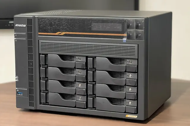 Front of an 8-bay NAS storage unit with hot-swap drive bays